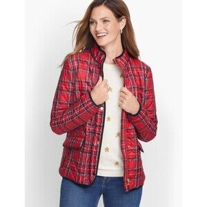Talbots Quilted Tartan Plaid Jacket Red Full Zip Snap Up Preppy Ivy League Large